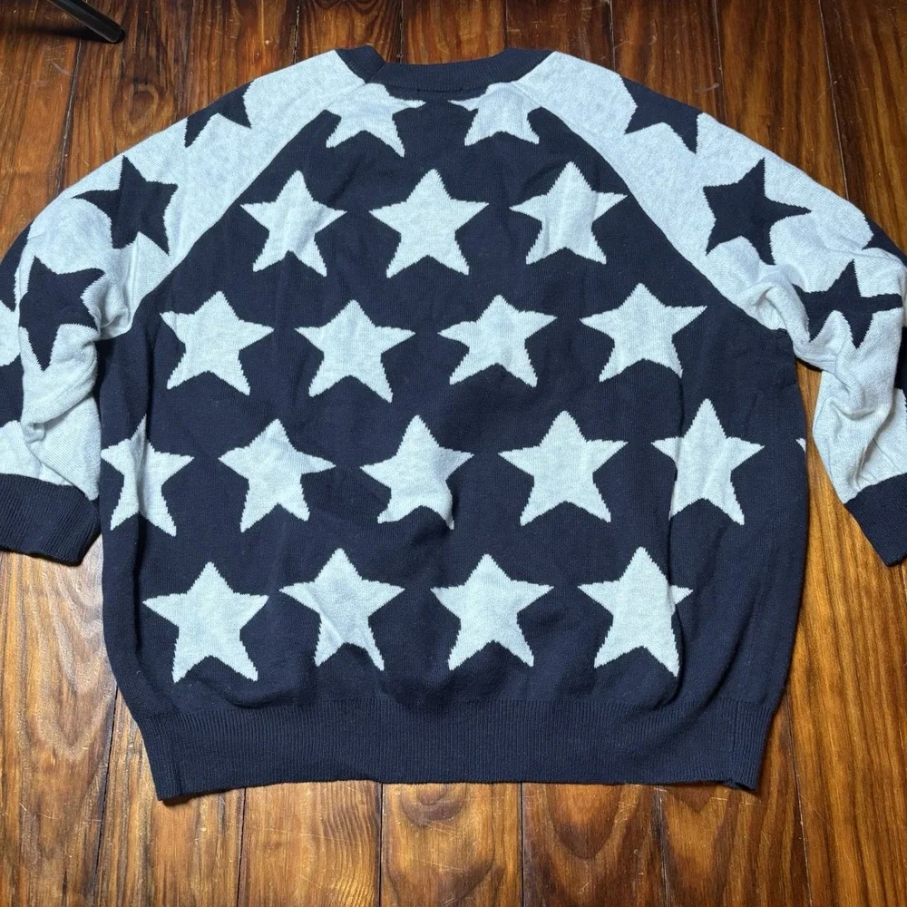 Minnie Rose Blue White Star Contrast Pullover Sweater Cashmere Blend Sz M A1827